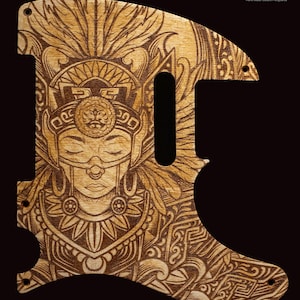 Textured Telecaster Pickguard Cream-Brown Aztec Meditation Feather Hat Engraved on Wood Tele Scratchplate Etched