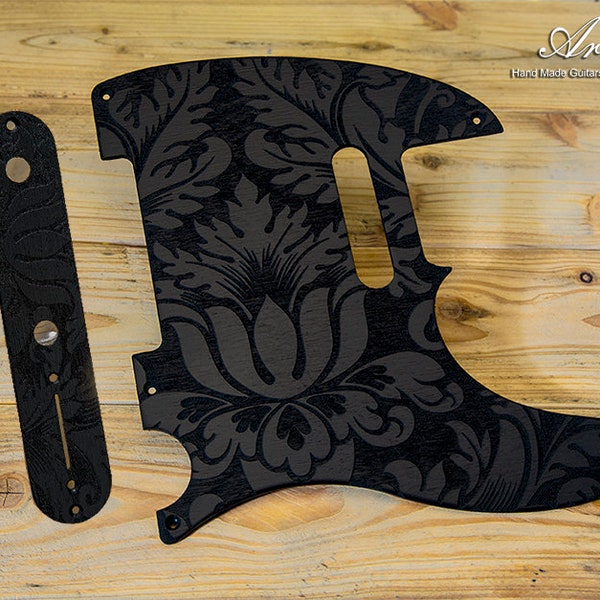 Telecaster Pickguard & Control Plate SET-of-2 – Black Engraved Baroque Leaves on Wood Tele Pickguard