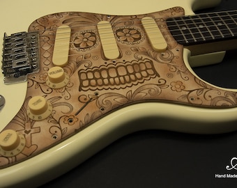 Stratocaster Pickguard SSS 11 Hole Cream-Copper Sugar Skull Engraved Wood Hand Made Unique for Fender Strat Scratch Plate