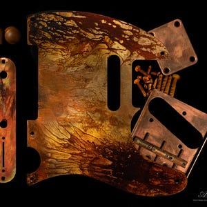 Premium kopparplektrumskydd för telecaster, stort set med 7 "Volcano" + kopparpläterat stålställ + halsplatta + rattar: sliten koppar med patina