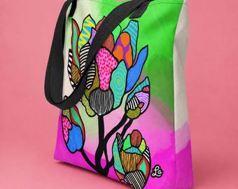 Bolso tote con estampado floral brillante, bolso de hombro colorido para ir de compras