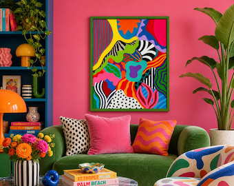 Colorful Abstract Framed Art Print – 17x21 Inches – Bold Maximalist Wall Decor – Modern Pop Art Painting – Bright Living Room Artwork