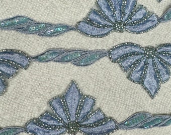 Gorgeous Sky Blue Beaded Appliqués. Trims, Motifs with sequins design. Sold by the Yard.
