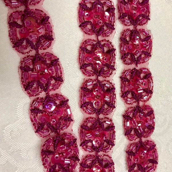 Gorgeous Fuchsia Beaded Sequins Trim. Sold by the Yard.