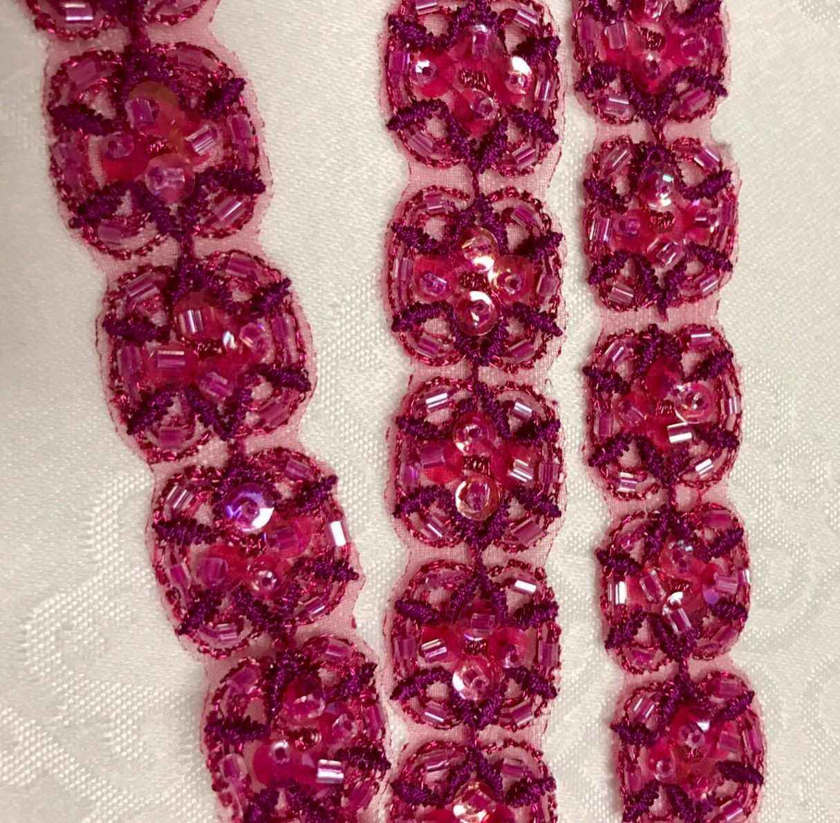 Gorgeous Fuchsia Beaded Sequins Trim. Sold by the Yard.