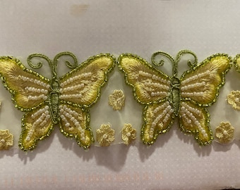 Gorgeous Butterfly Beaded Trim. Organza Butterfly Appliqué, Sold by the Yard.