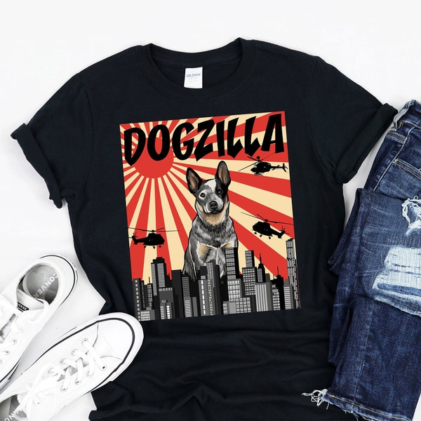 Funny Australian Cattle Dog Dogzilla, Retro Japanese Dog Godzilla Gift, Gildan Softstyle Unisex Tee