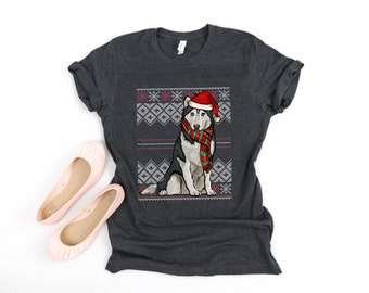 Unisex Christmas Husky B1461 White//Red C5 Baseball T Shirt Xmas Santa Dog Puppy