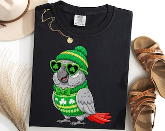 Camiseta del Día de San Patricio con loro gris africano, camiseta irlandesa con loro de la suerte, regalo para amantes de las aves