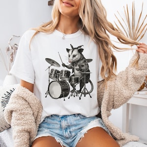 Opossum Drummer T-Shirt, Funny Possum Music Tee, Opossum Playing Drums Shirt, Rock Animal Band Tee, Wild Music Pet Shirt