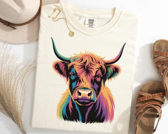 Highland Cow Portrait Shirt, Colorful Farm Animal Tee, Rainbow Cattle TShirt