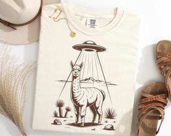 T-shirt alpaca buitenaardse ontvoering, grappig ufo boerderijdier T-shirt, grafisch shirt ruimte alpaca, buitenaardse westerse lama T-shirt