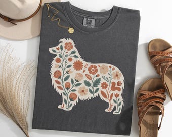 Camiseta floral de perro pastor de Shetland, camiseta retro para mamá de perro, camiseta botánica para amantes de los perros, camiseta vintage con silueta de sheltie, camiseta de regalo para dueños de mascotas