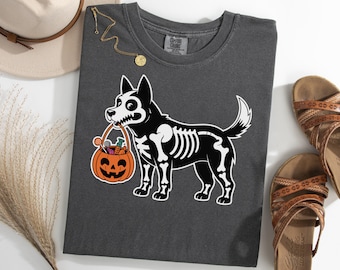 Halloween Skeleton Dog Shirt, Australian Cattle Dog Trick Or Treat TShirt, Spooky Blue Heeler Bones Tee, Funny Halloween Costume Shirt