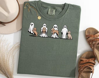 Camiseta de Halloween con fantasma de Goldendoodle, camiseta de perro fantasma espeluznante, divertida camiseta de Halloween para amantes de los perros, camiseta con gráfico de otoño