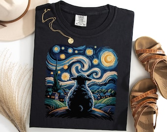 Van Gogh Schaf T-Shirt, Sternenklare Nacht Bauernhof Tier T-Shirt, lustiges Schaf Liebhaber Shirt, künstlerische Wolle Schaf Geschenk, Einzigartige Gehöft Schaf Tshirt