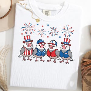 Può includere: T-shirt bianco con un design patriottico con quattro uccelli dei cartoni animati con cappelli e gilet festosi nei colori rosso, bianco e blu. Fuochi d'artificio e stelle completano il tema del 4 luglio. Marchio Comfort Colors.