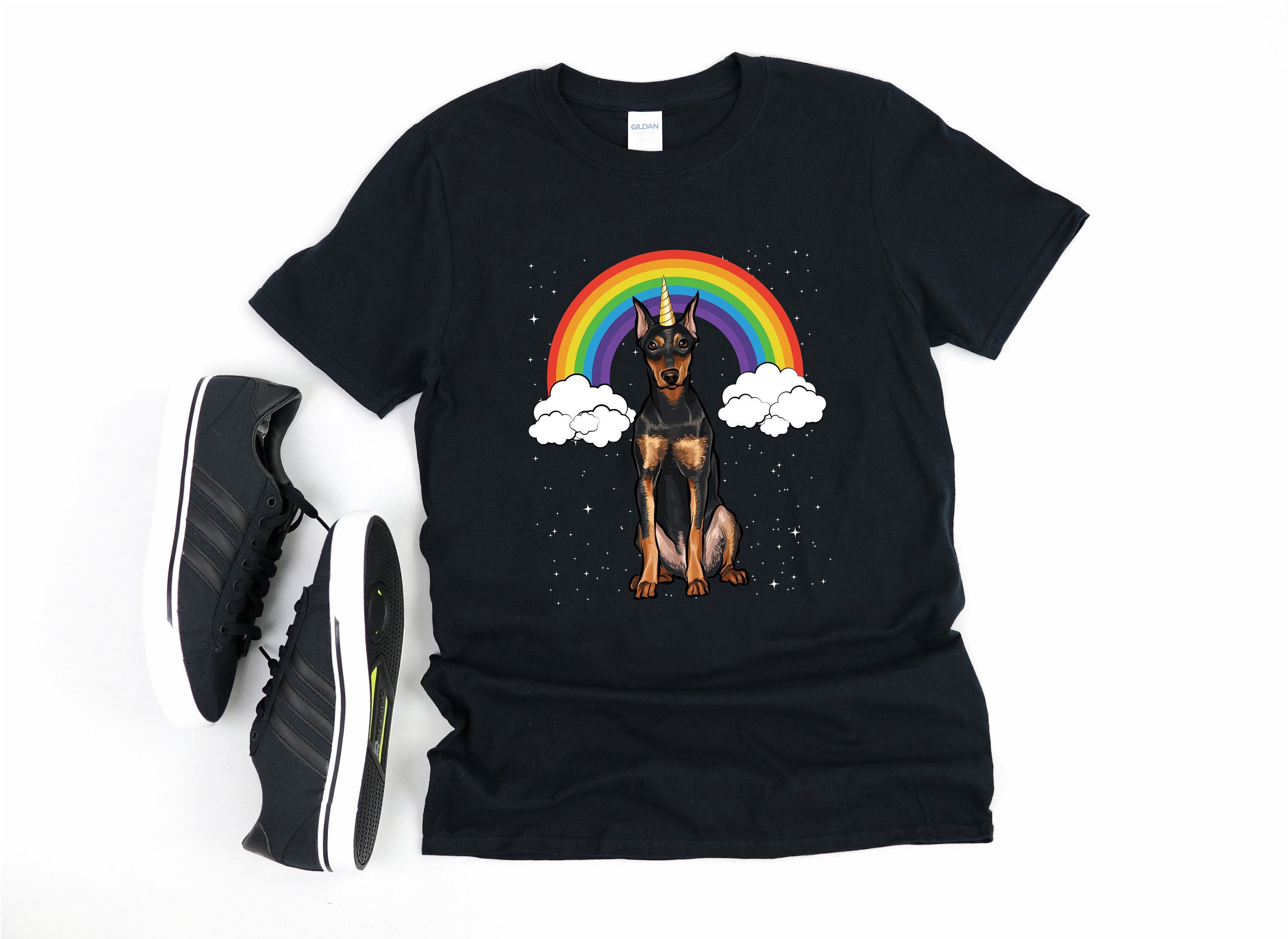 Gildan Softstyle Unisex Tee Magical Fantasy Dog Gift German Pinscher Rainbow Unicorn Shirt