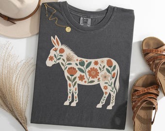 Donkey Floral Shirt, Retro Farm Animal TShirt, Botanical Donkey Lover Tee, Vintage Donkey Silhouette T-Shirt, Homestead Gift for Her