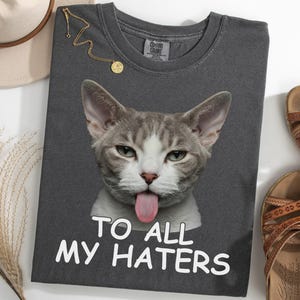 May include: Dark gray t-shirt featuring a cat with its tongue out and the text "TO ALL MY HATERS" in white. The shirt is surrounded by a hat, sandals, and a gold necklace.