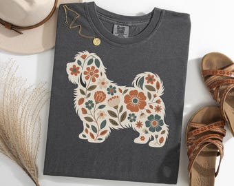 Maglietta floreale con cane Havanese, maglietta retrò per mamme di cani, maglietta botanica per amanti dei cani, maglietta con silhouette vintage di Havanese, maglietta regalo per proprietari di animali domestici