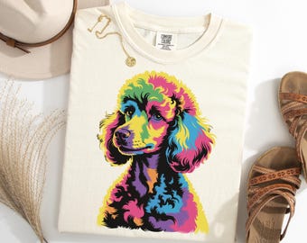 Maglietta con ritratto di barboncino colorato, maglietta con cucciolo al neon, maglietta retrò per amanti dei cani