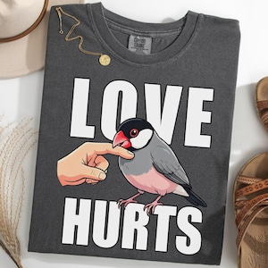 May include: Dark gray t-shirt with the words "LOVE HURTS" in white block letters. A cartoon bird with a red beak and pink chest is being touched by a finger. A gold necklace and brown sandals are also in the image.
