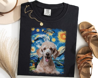 プードル犬シャツ、エイリアン誘拐プードルTシャツ、UFO星空夜犬Tシャツ、面白いプードル愛好家へのギフト