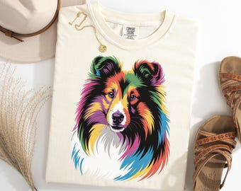 Chemise colorée portrait de chien de berger des Shetland, T-shirt Sheltie, chemise rétro pour amoureux des chiens