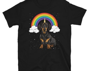 Black Dachshund Rainbow Unicorn Shirt Magical Fantasy Dog Gift Gildan Softstyle Unisex Tee