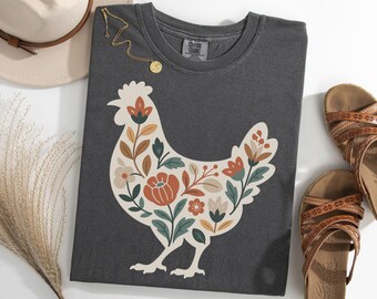 Bloemenshirt boerderijkip, gebloemd T-shirt kip silhouet, graphic T-shirt landelijke kip, shirt kip lentetuin, cadeau kipliefhebber
