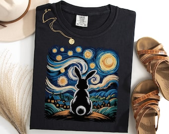 Van Gogh Rabbit T-Shirt, Starry Night Farm Animal Tee, Funny Bunny Lover Shirt, Artistic Pet Rabbit Gift, Unique Homestead Rabbit Tshirt