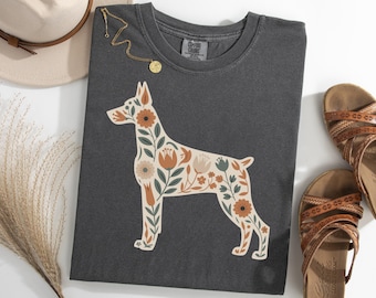 Floral Doberman Pinscher Shirt, Garden Doberman Dog TShirt, Boho Dog Lover Tee, Nature Doberman Graphic Tee, Dobie Gift Shirt
