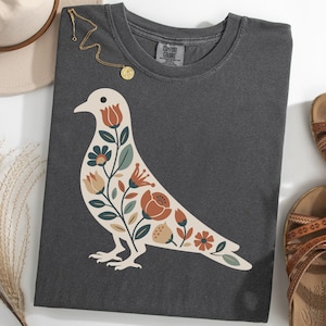 Floral Pigeon Silhouette Shirt, Farmhouse Pigeon TShirt, Urban Garden Bird Tee, Nature Pigeon Graphic Shirt, Pigeon Lover Gift Tee