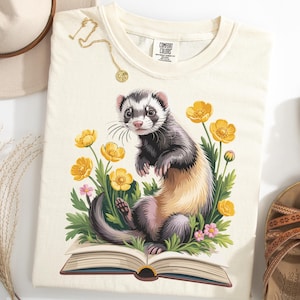 Ferret Shirt, Cute Ferret On Book Shirt, Book Lover Ferret Tee, Reading Ferret TShirt, Floral Animal Shirt, Garden Pet Lover Tee