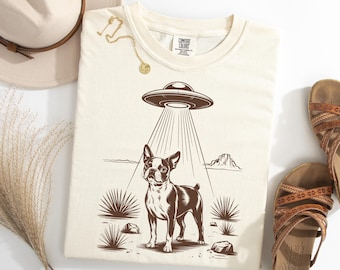 Boston Terrier Alien Abduction T-Shirt, UFO Dog Tee for Boston Lovers, Funny Space Dog Shirt, Alien Galaxy Pup Graphic TShirt, Western Girl