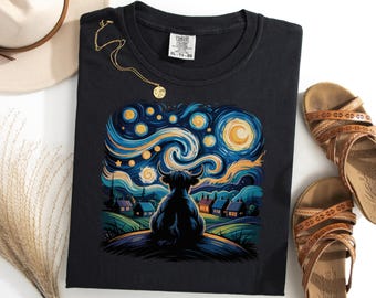 Maglietta con mucca delle Highlands di Van Gogh, maglietta con animale da fattoria "Notte stellata", maglietta divertente per gli amanti delle Highlands, regalo artistico con mucca, maglietta unica con mucca della fattoria