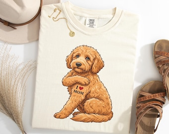 Maglietta Goldendoodle I Love Mom, Maglietta divertente Goldendoodle per la festa della mamma con tatuaggio, Regalo per amanti dei cani