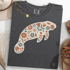 Manatee Floral Shirt, Retro Ocean Animal TShirt, Botanical Manatee Tee, Vintage Sea Cow Silhouette T-Shirt, Marine Wildlife Gift Tee