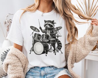 Camiseta de mapache baterista, divertida camiseta musical de mapache, camiseta de panda basura de banda de rock, camiseta con estampado musical de animales, camiseta de mascota baterista