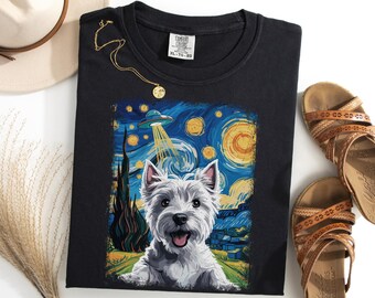 Camiseta de selfi con ovni de Westie, divertida camiseta para perro, camiseta de la noche estrellada de Van Gogh, camiseta extraterrestre de West Highland Terrier