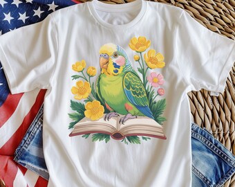 インコTシャツ、かわいいセキセイインコの読書Tシャツ、カラフルな鳥