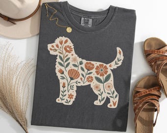 Maglietta floreale Goldendoodle, maglietta retrò per mamme di cani, maglietta botanica per amanti dei cani, maglietta con silhouette vintage scarabocchiata, regalo per proprietari di animali domestici