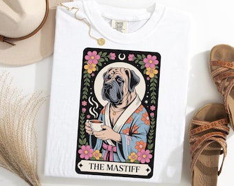 Tarot Mastiff TShirt, Funny Dog Tarot Card Tee, Mystic Mastiff Shirt, Coffee Dog Shirt, Spiritual Dog Lover Gift Tee