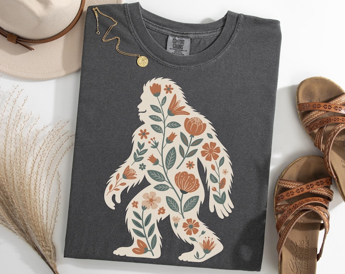 Sasquatch Floral Shirt, Retro Bigfoot TShirt, Botanical Cryptid Lover Tee, Vintage Sasquatch Silhouette T-Shirt, Nature Gift Tee