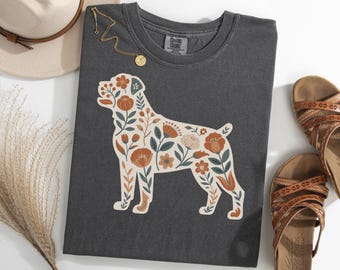 Floral Rottweiler Silhouette Shirt, Garden Rottweiler Dog TShirt, Boho Dog Lover Tee, Nature Rottie Graphic Shirt, Rottweiler Gift Tee