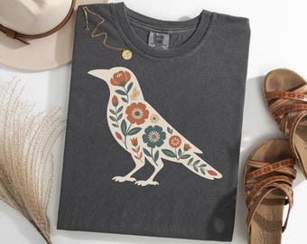 Blumenkrähe Silhouette Shirt, Gothic Gartenkrähe T-Shirt, Naturkrähe Grafik-T-Shirt, Bauernhausvogel Shirt, Krähen-Liebhaber-Geschenk-T-Shirt