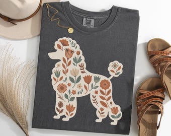 Maglietta con sagoma di barboncino floreale, maglietta con barboncino da giardino, maglietta per amanti dei cani in stile boho, maglietta con grafica di barboncino naturale, maglietta regalo con barboncino