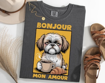 Yorkshire Terrier Coffee Shirt, Cute Dog With Croissant TShirt, Bonjour Mon Amour Shirt