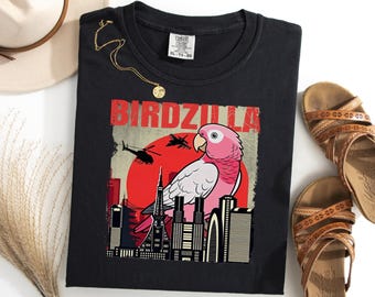 May include: Black t-shirt with a graphic of a pink and white parrot labeled "Birdzilla" over a cityscape and red sun. The shirt is next to a hat, gold necklace, and brown sandals.